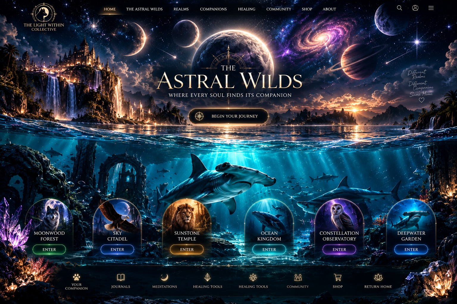 The Astral Wilds: cosmic sky with planets and moons, castle waterfalls, realistic underwater hammerhead sharks and six animal realms